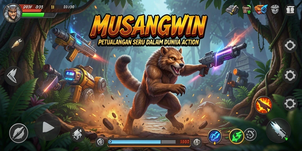 Screenshot utama MUSANGWIN menampilkan aksi menegangkan di medan pertempuran.